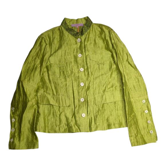 Vtg Y2K Kuhlman Lime Green Linen Blend Mandarin Collar Jacket IT 48 US 12 L - Picture 1 of 5